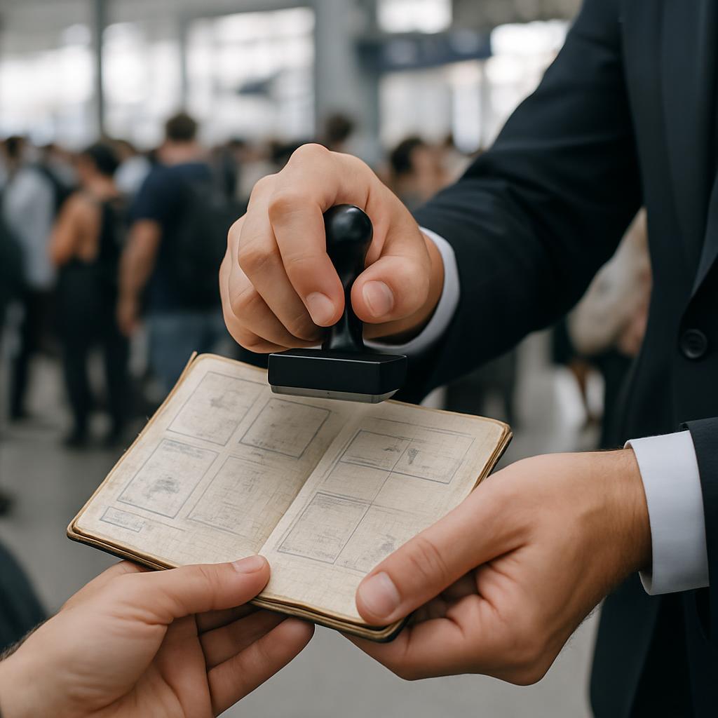 A man in formal wear holds a black ink rubber stamp, applying it over a passport, while two hands are held out before him,...