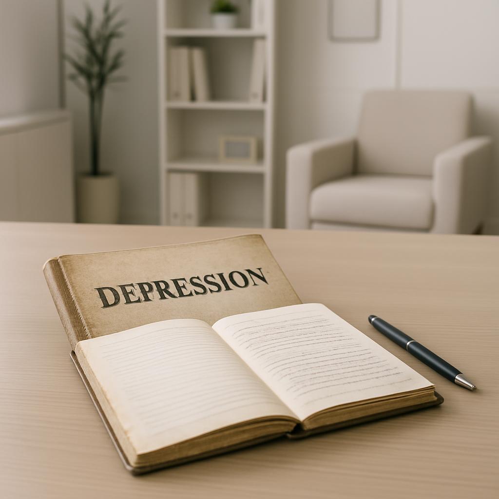 Different types of depression. Cause symptoms thay can vary. The illustration shows a person sitting on a couch, holding t...