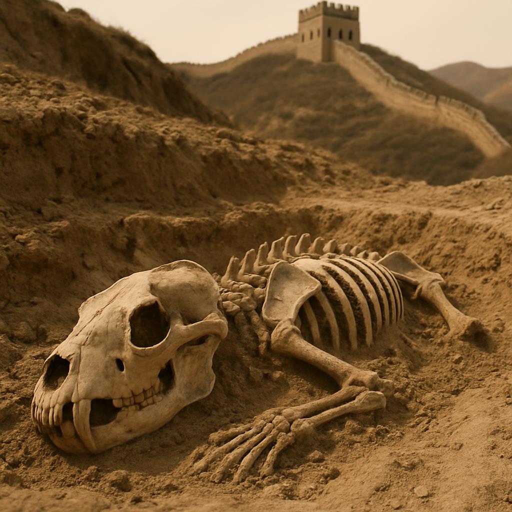 A monkey skeleton lying in the sand in China, with a Great Wall tower in the background.